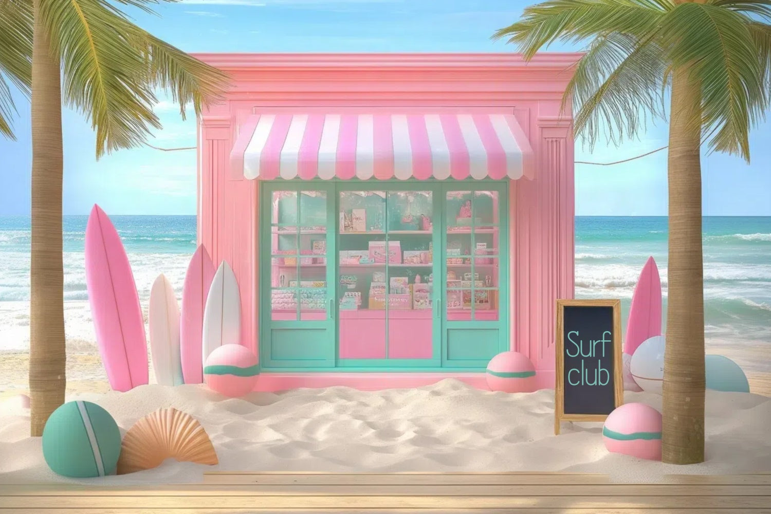 Toile de fond de Plage Été Planches de Surf Roses Boutique GTY3-313