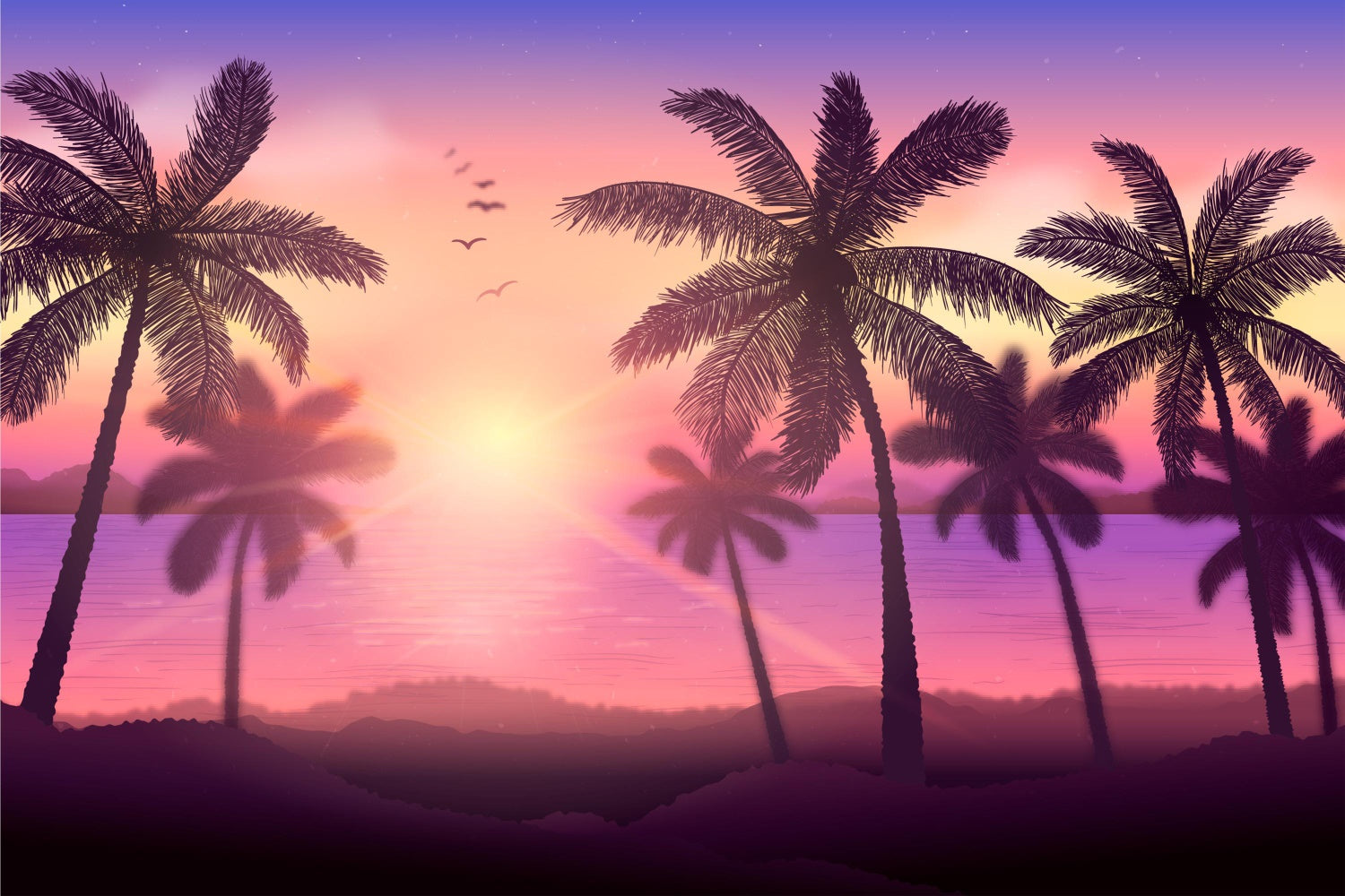 Toile de fond de Plage Été Coucher de Soleil Palmier GTY3-372