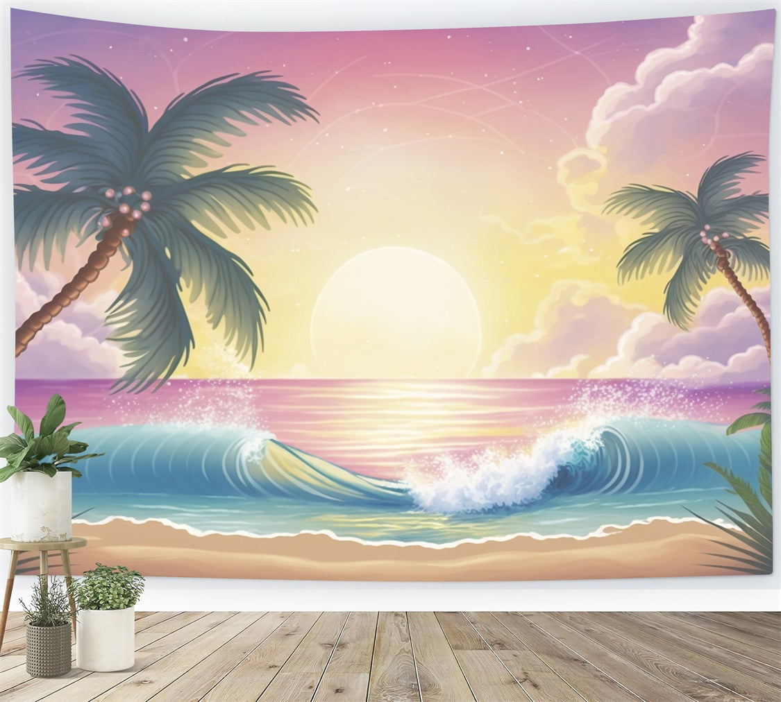 Toile de fond de Plage Été Lever du Soleil Palmier Vague Océan GTY3-379