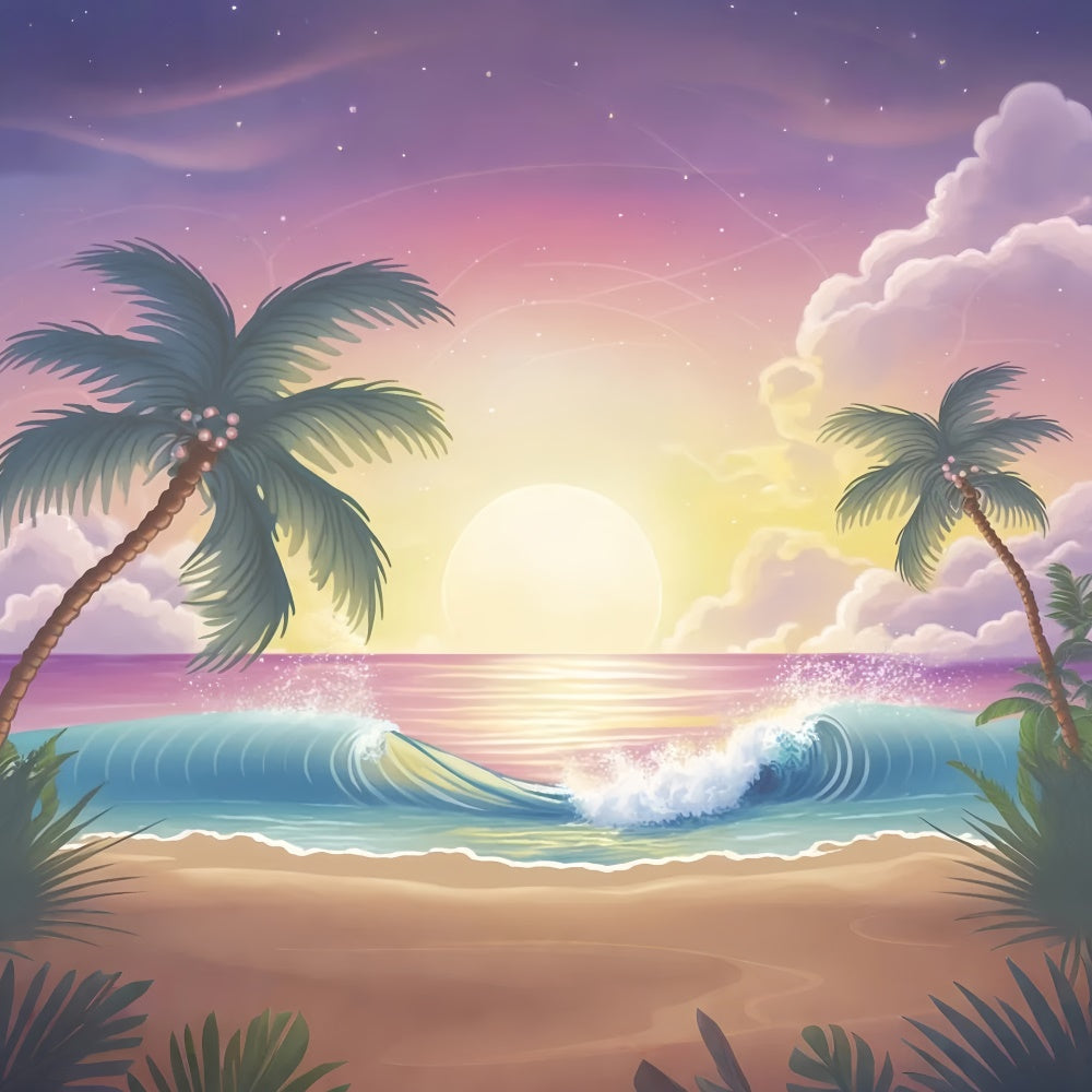 Toile de fond de Plage Été Lever du Soleil Palmier Vague Océan GTY3-379