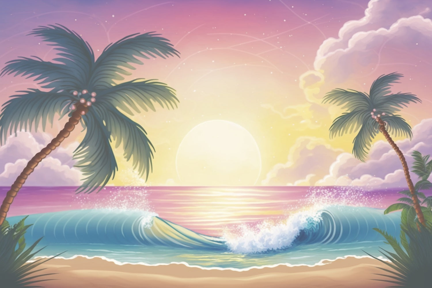 Toile de fond de Plage Été Lever du Soleil Palmier Vague Océan GTY3-379