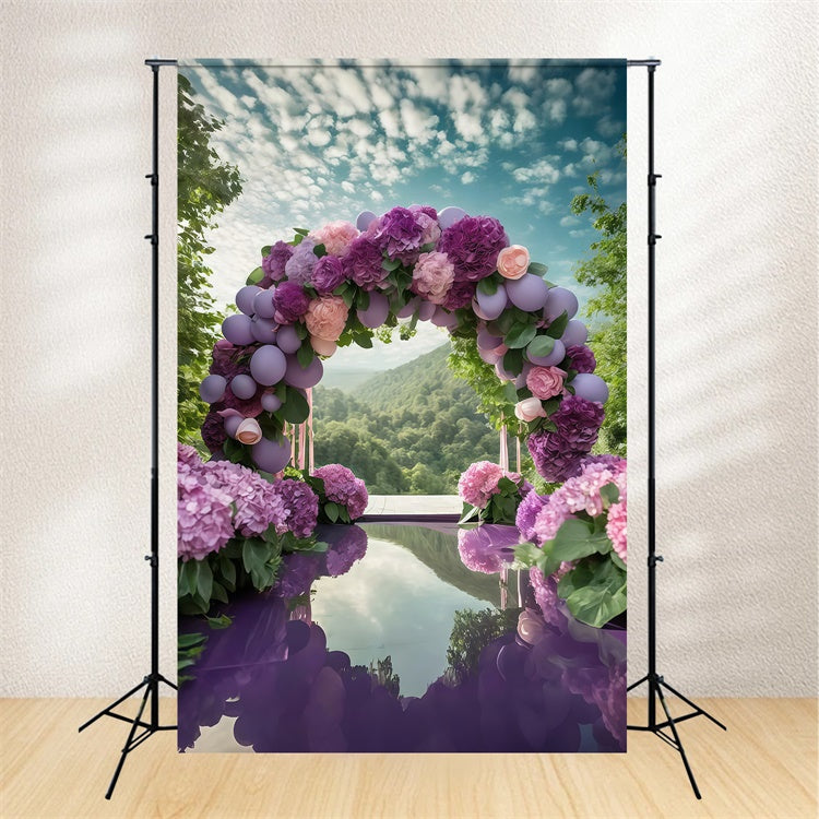 Toile de fond Fleurs Violettes Arche Romantique Hortensias Ballons GTY3-38