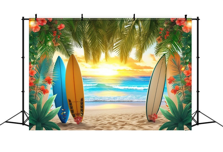 Toile de fond de Plage Été Planches de Surf Colorées Feuilles de Palmier GTY3-384