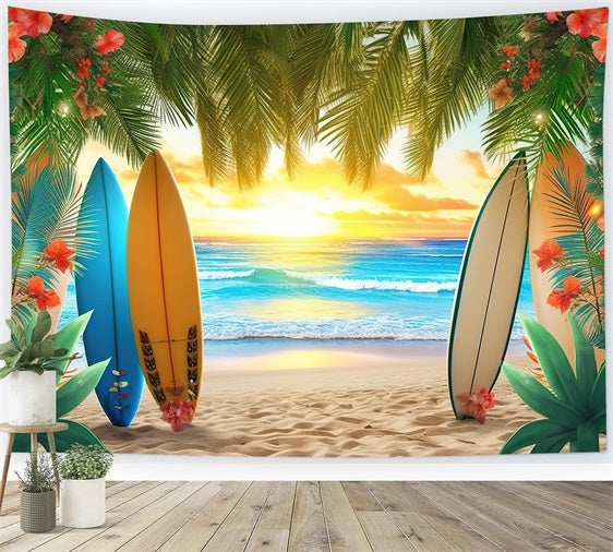 Toile de fond de Plage Été Planches de Surf Colorées Feuilles de Palmier GTY3-384