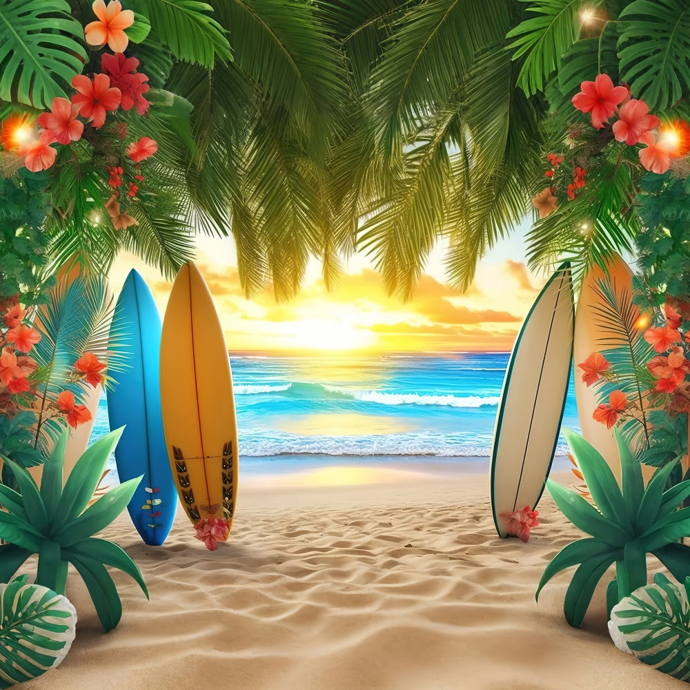 Toile de fond de Plage Été Planches de Surf Colorées Feuilles de Palmier GTY3-384