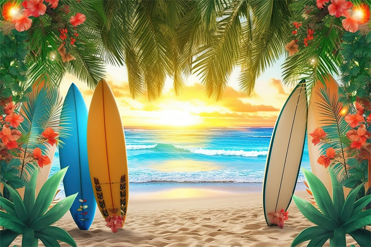 Toile de fond de Plage Été Planches de Surf Colorées Feuilles de Palmier GTY3-384