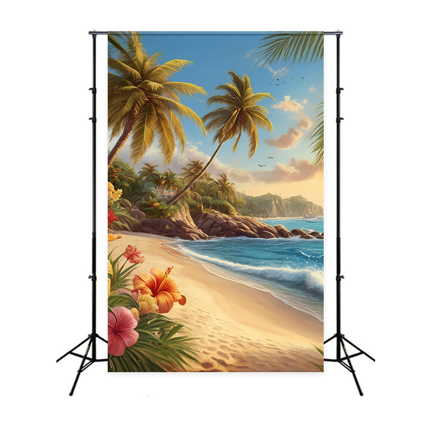 Toile de fond de Plage Été Palmier Fleurs Côtières GTY3-386