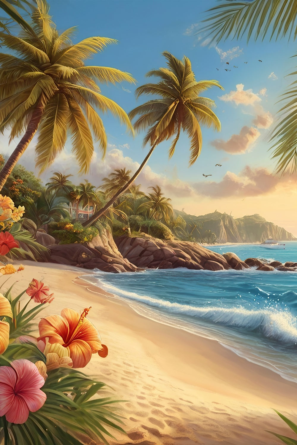 Toile de fond de Plage Été Palmier Fleurs Côtières GTY3-386