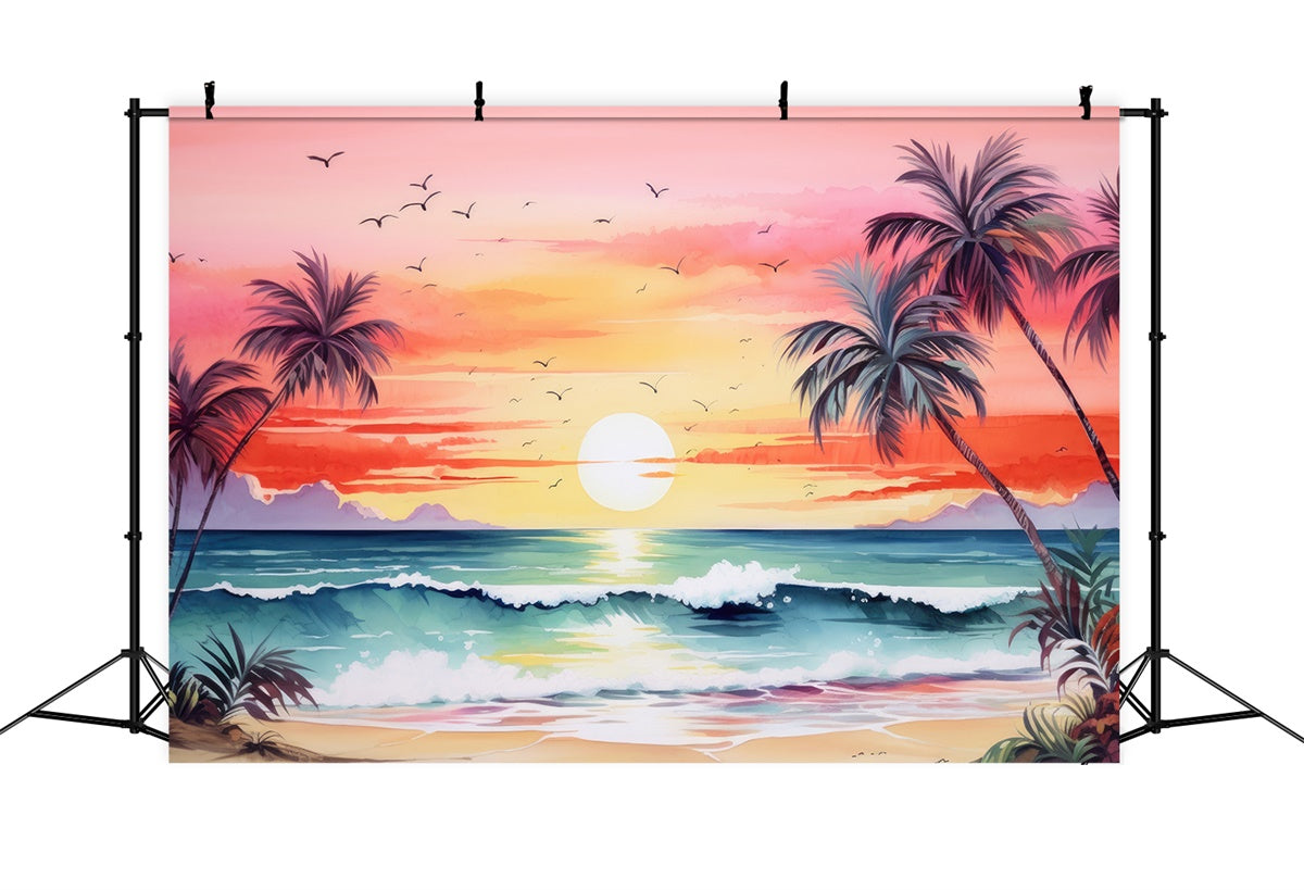 Toile de fond de Plage Été Coucher de Soleil Arbre Vague Océan GTY3-388