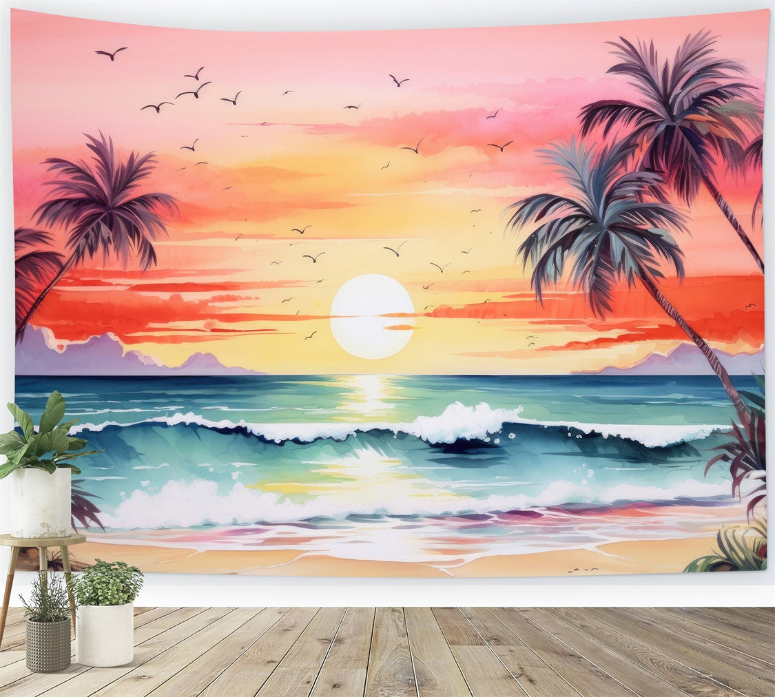 Toile de fond de Plage Été Coucher de Soleil Arbre Vague Océan GTY3-388