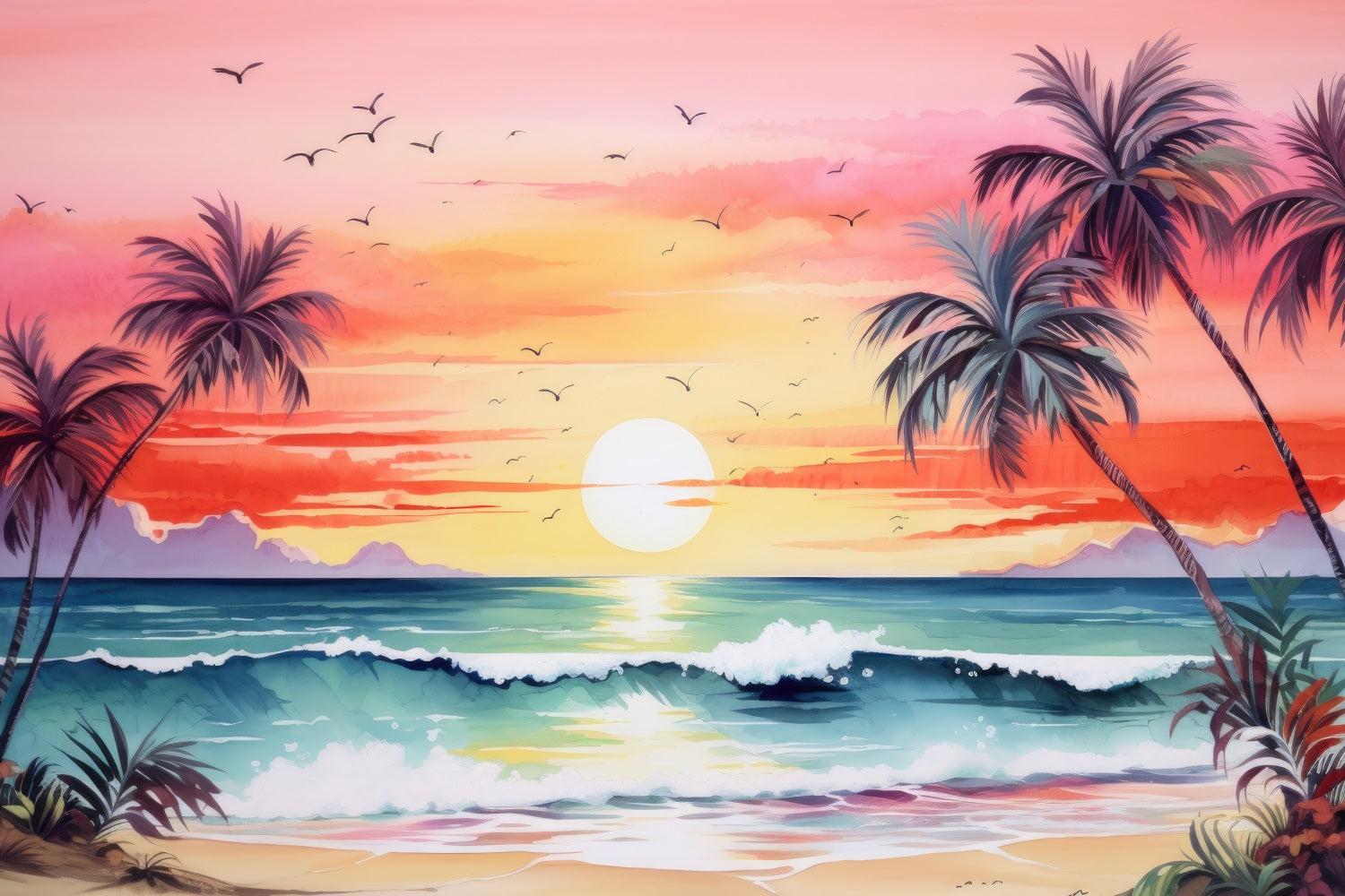 Toile de fond de Plage Été Coucher de Soleil Arbre Vague Océan GTY3-388