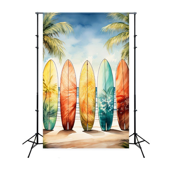 Toile de fond Été Planches de Surf Colorées Palmier Ciel GTY3-390