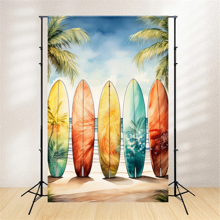 Toile de fond Été Planches de Surf Colorées Palmier Ciel GTY3-390
