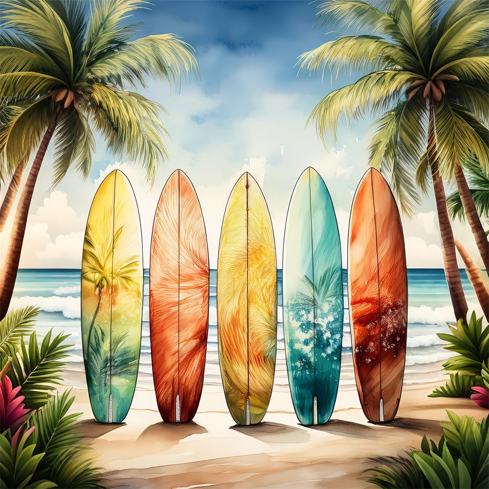 Toile de fond Été Planches de Surf Colorées Palmier Ciel GTY3-390