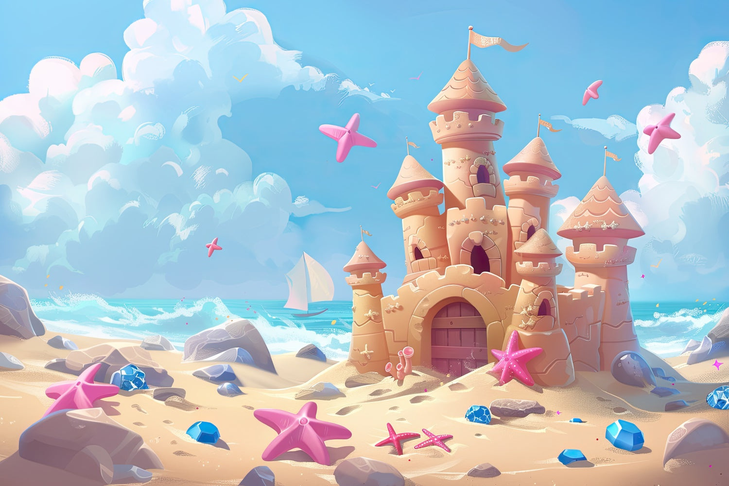 Toile de fond de Plage Été Château de Sable Rêve du Monde GTY3-391