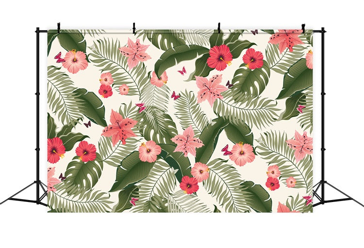 Toile de fond Été Feuilles Tropicales Fleurs Roses GTY3-393