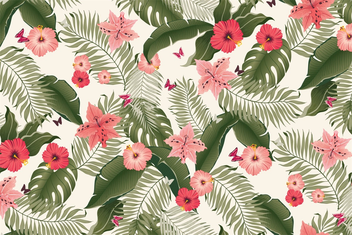 Toile de fond Été Feuilles Tropicales Fleurs Roses GTY3-393