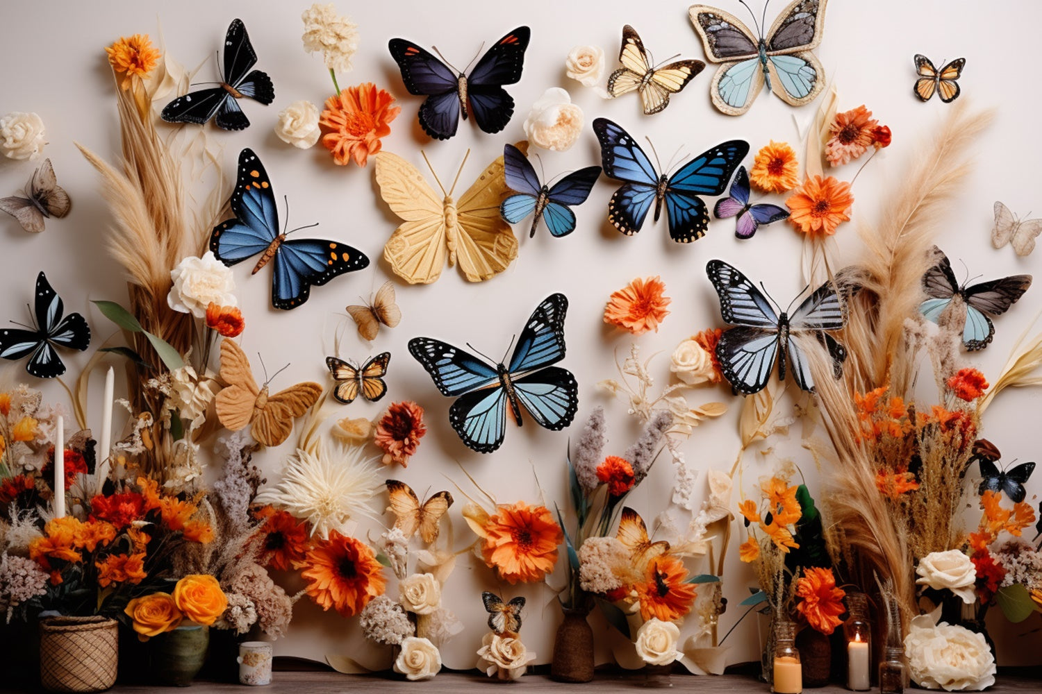 Toile de fond Été Fleurs Orange Papillon Rustique GTY3-396