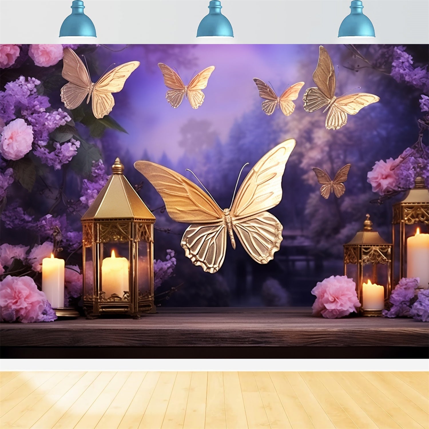 Toile de fond Été Papillon Doré Lanterne Crépuscule GTY3-402