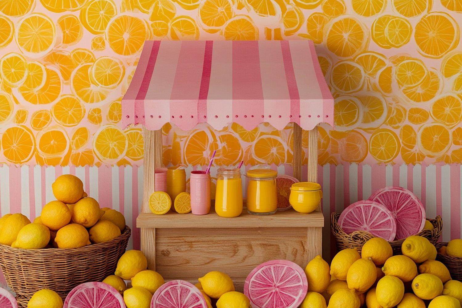 Toile de fond Été Marché Citron Rayé Rose GTY3-403