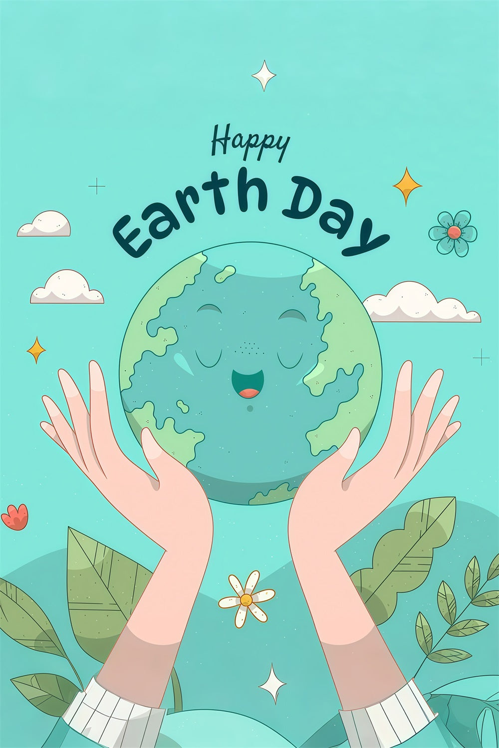 Toile de fond Joyeuse Journée de la Terre Mignon Terre Souriante avec Mains GTY3-64