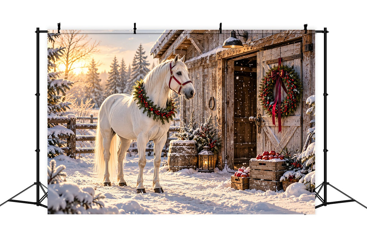 Fond De Noël Western Cheval Blanc Grange Festive HQ610-152