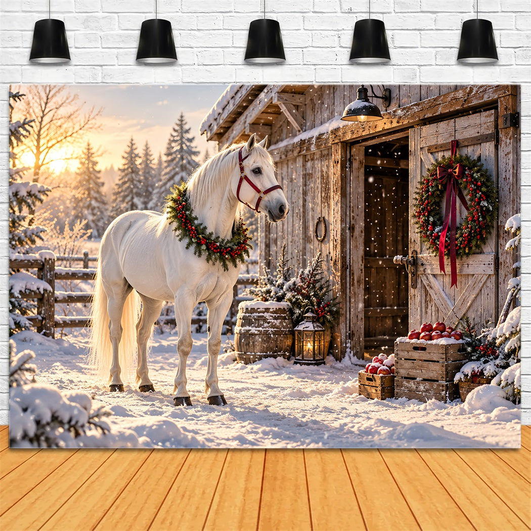 Fond De Noël Western Cheval Blanc Grange Festive HQ610-152