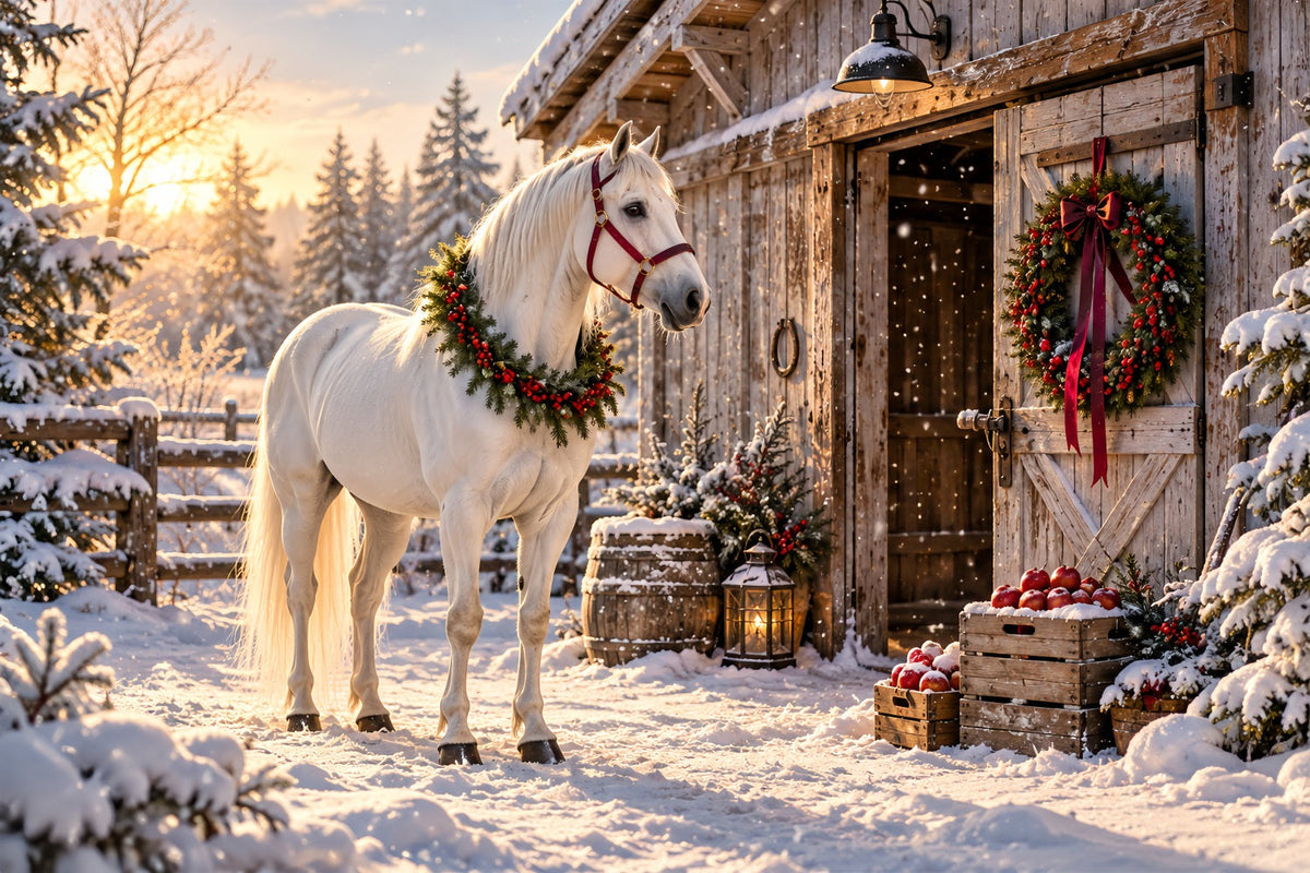 Fond De Noël Western Cheval Blanc Grange Festive HQ610-152