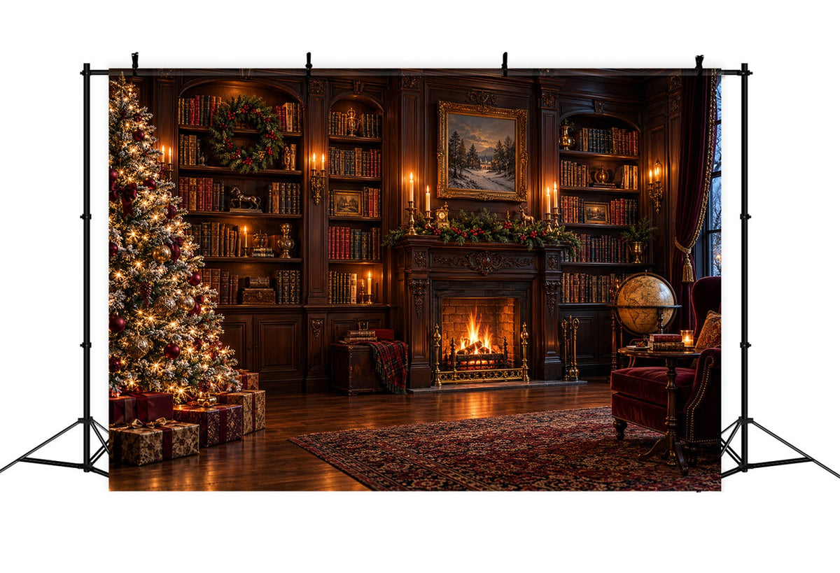 Fond De Noël Victorien Bibliothèque Vintage Cheminée HQ610-158