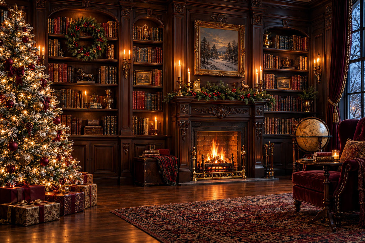 Fond De Noël Victorien Bibliothèque Vintage Cheminée HQ610-158
