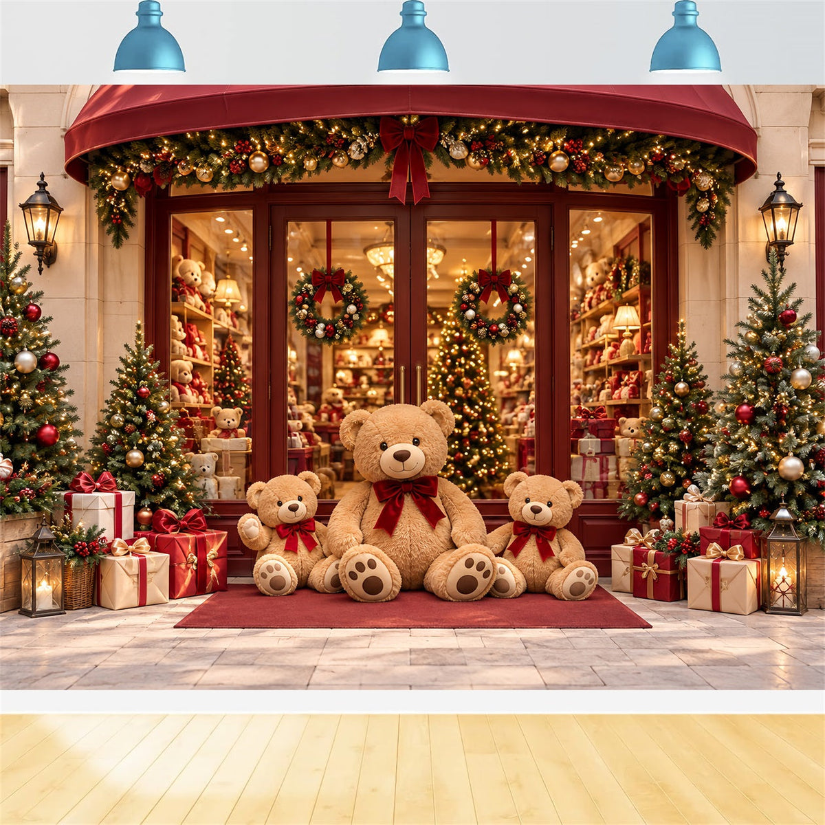 Fond Boutique De Noël Vitrine Festive Ours En Peluche HQ610-161