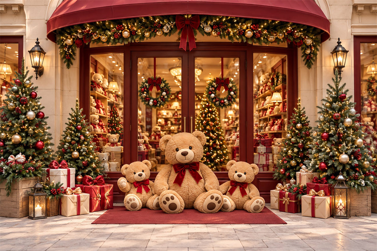 Fond Boutique De Noël Vitrine Festive Ours En Peluche HQ610-161