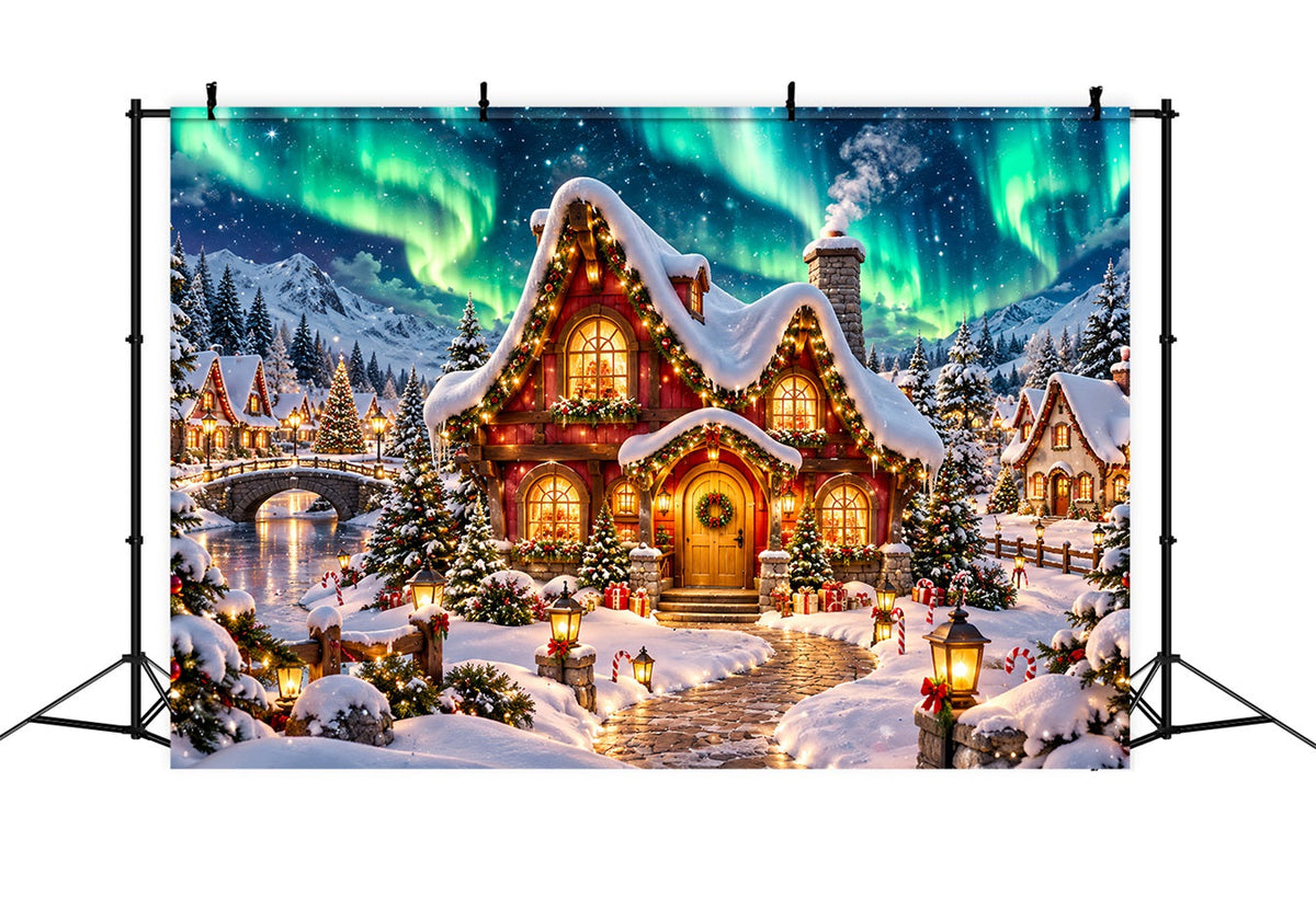 Fond Elfe De Noël Aurore Boréale Cottage Enneigé HQ610-162