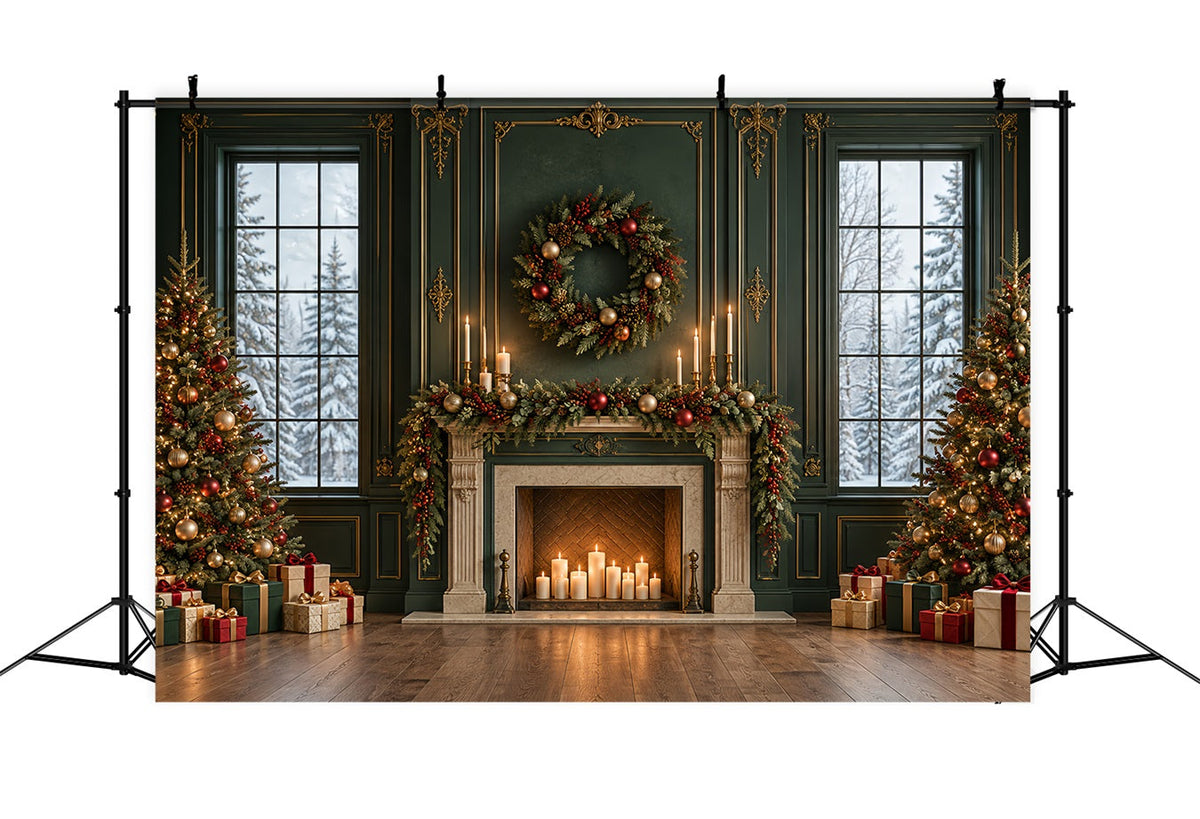 Fond De Noël Salon Cheminée Émeraude Guirlande Dorée HQ610-163