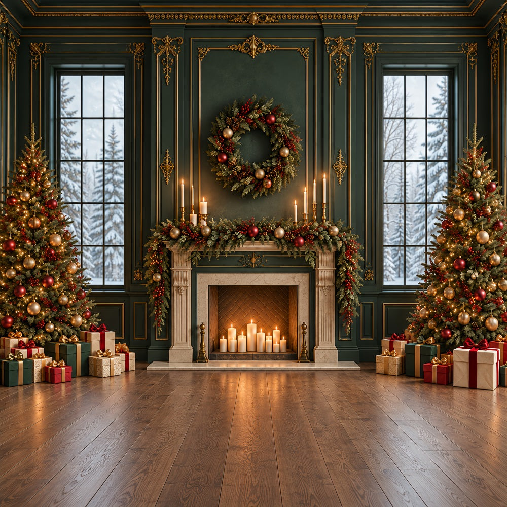 Fond De Noël Salon Cheminée Émeraude Guirlande Dorée HQ610-163