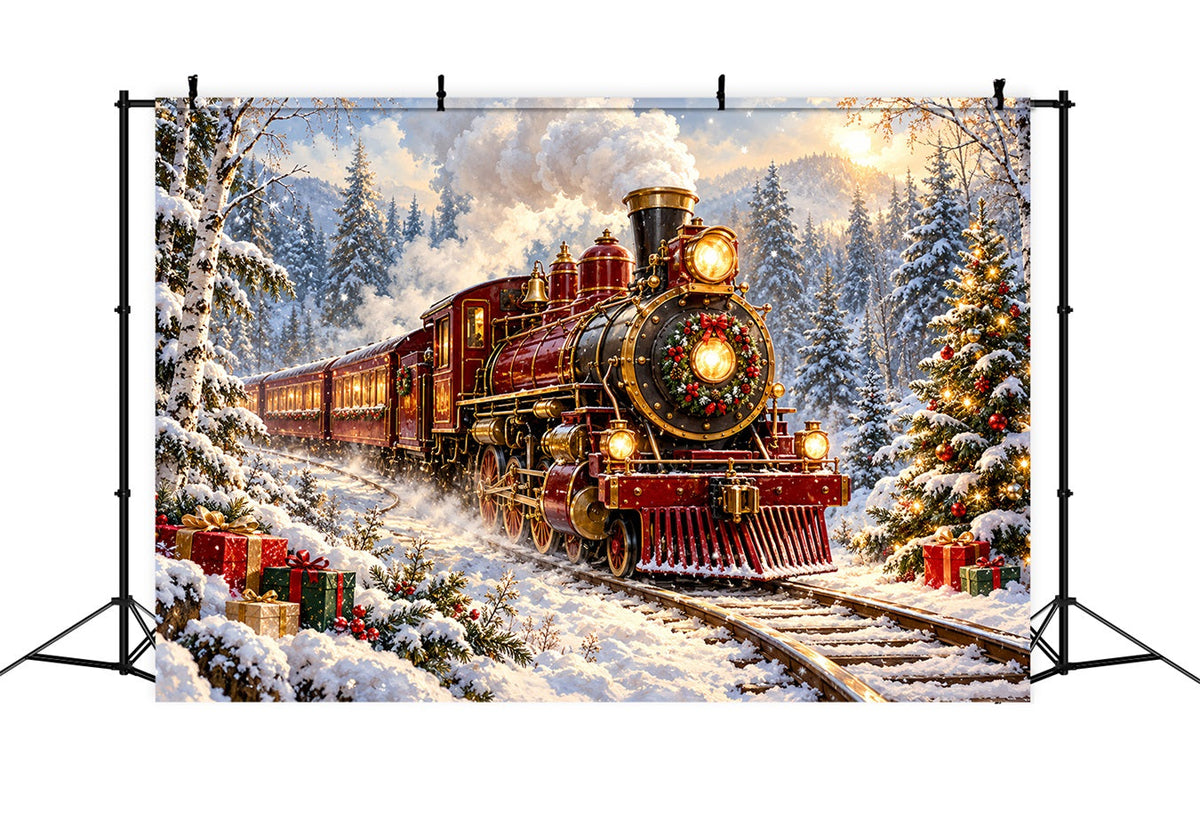 Fond De Noël Locomotive Bordeaux Forêt Enneigée Village HQ610-167