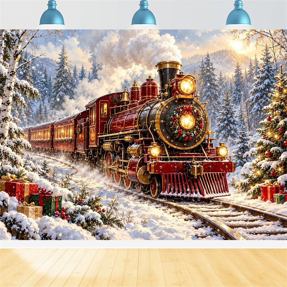 Fond De Noël Locomotive Bordeaux Forêt Enneigée Village HQ610-167