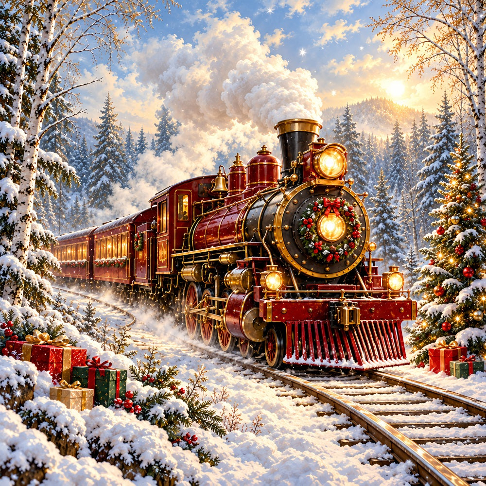 Fond De Noël Locomotive Bordeaux Forêt Enneigée Village HQ610-167