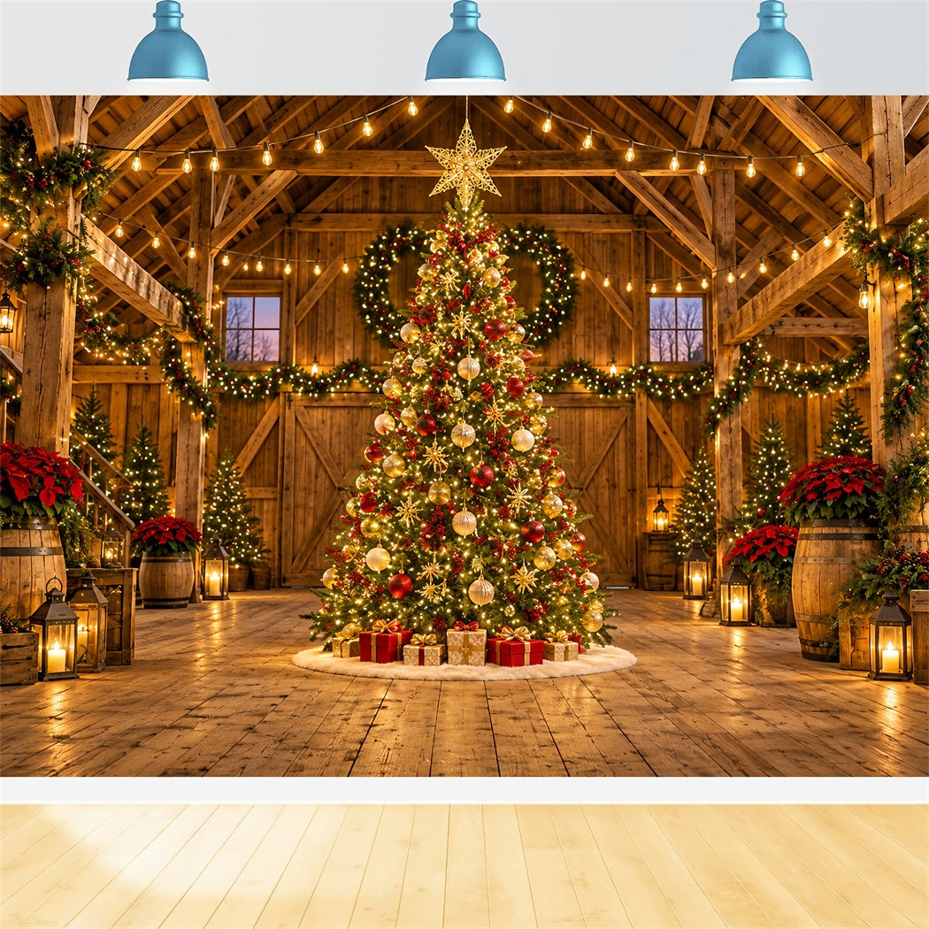 Fond Photo De Noël Grange Rustique Sapin Doré HQ610-169