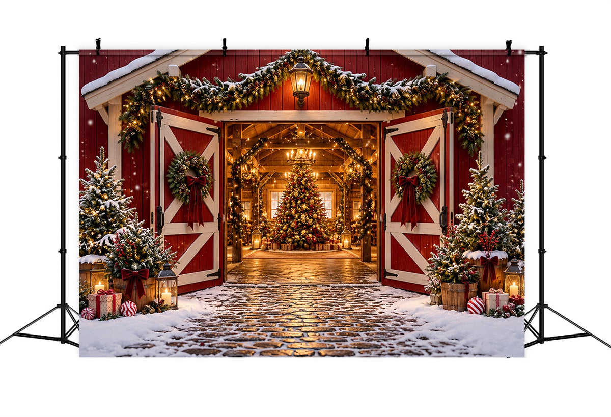 Fond Photo Ferme De Sapins Entrée Grange Rouge Festive HQ610-172