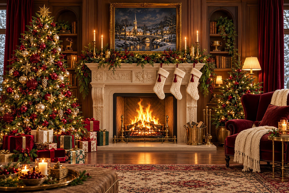 Fond Photo Père Noël Cheminée Classique Présentoir Chaussettes HQ610-179
