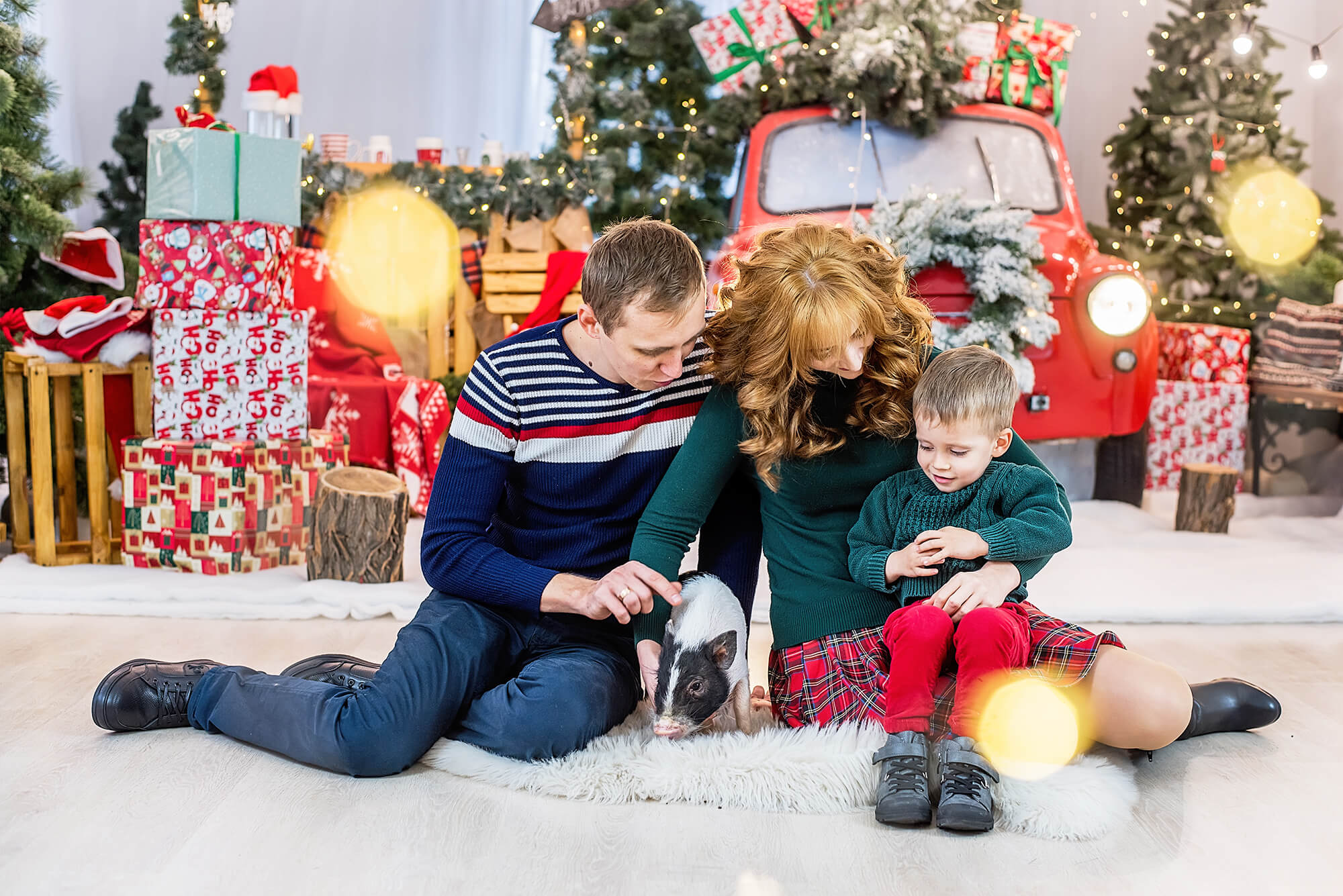 Voiture rouge Décoration de Noël Lumières du Nouvel An Toile de fond photo KAT-181