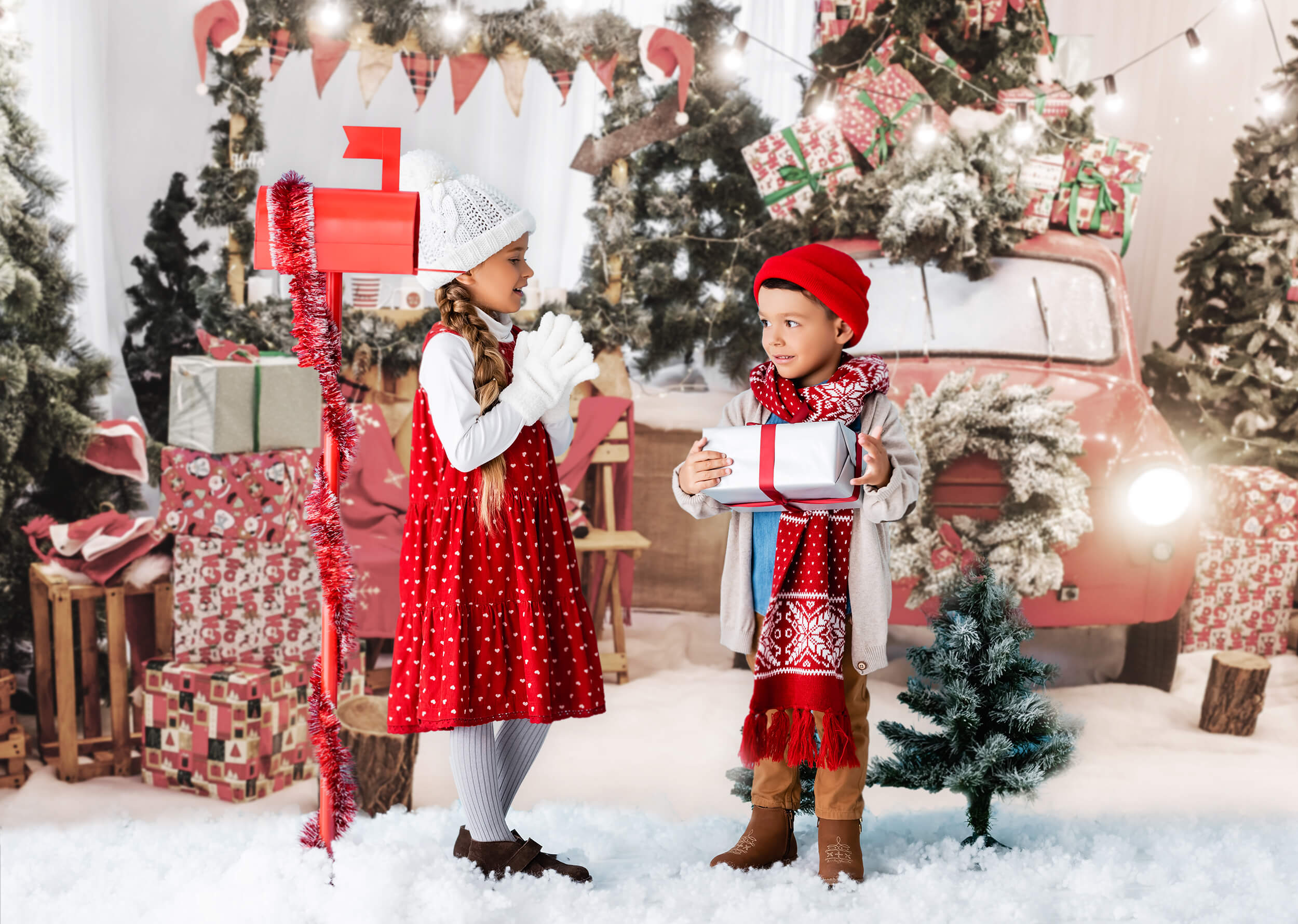 Voiture rouge Décoration de Noël Lumières du Nouvel An Toile de fond photo KAT-181