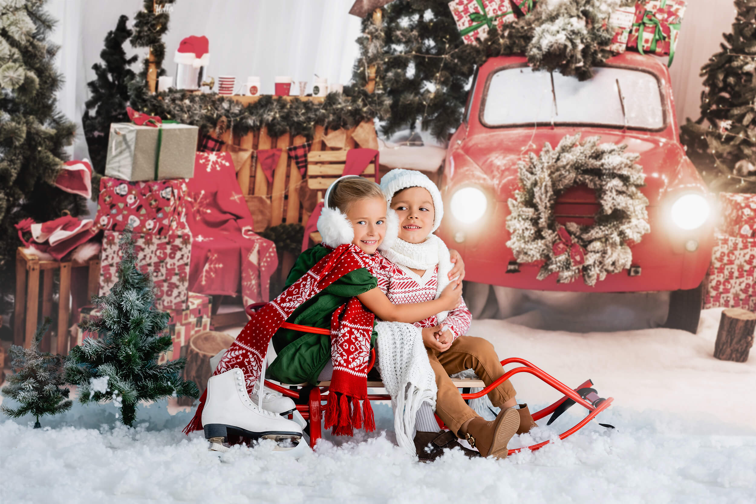 Voiture rouge Décoration de Noël Lumières du Nouvel An Toile de fond photo KAT-181