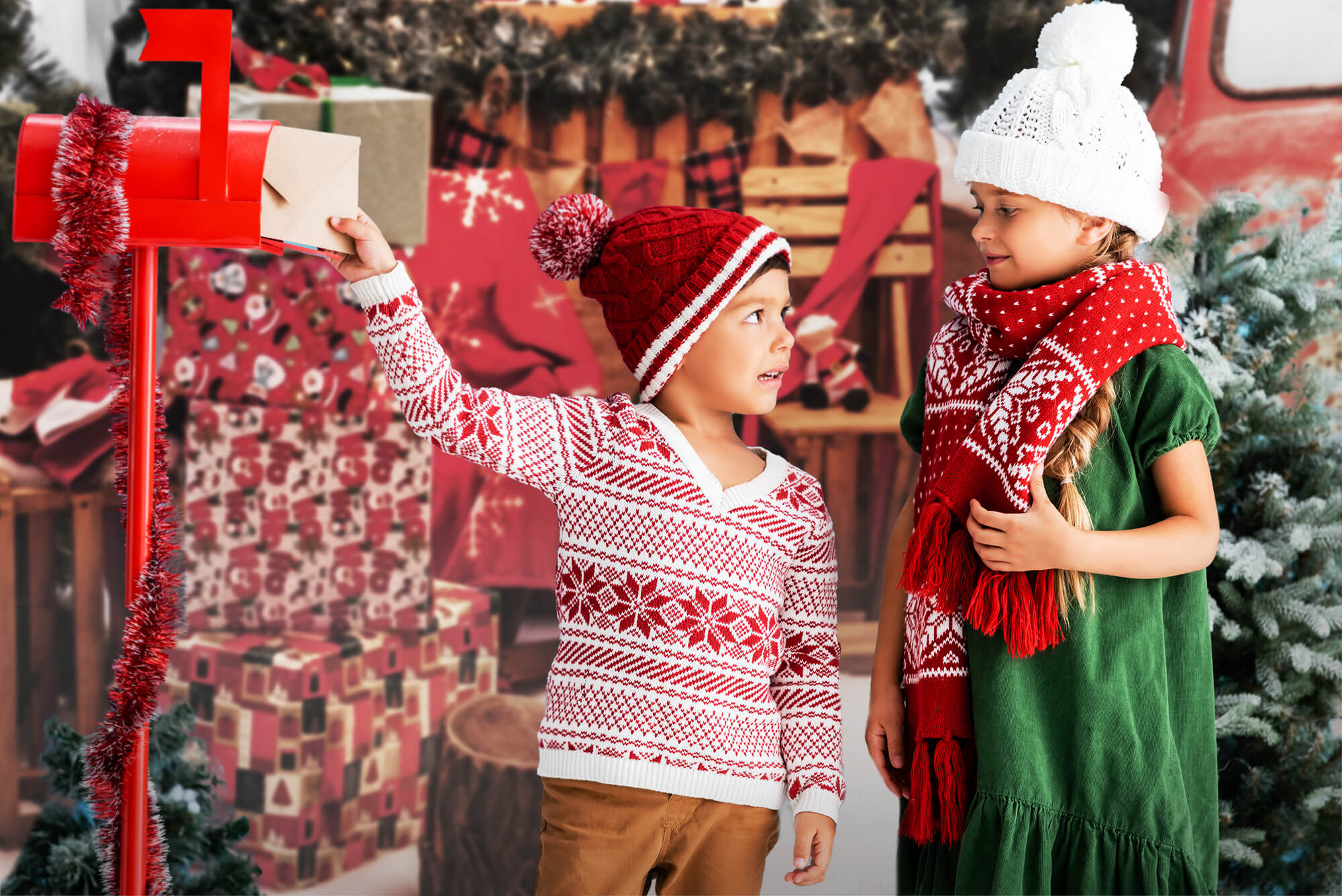 Voiture rouge Décoration de Noël Lumières du Nouvel An Toile de fond photo KAT-181