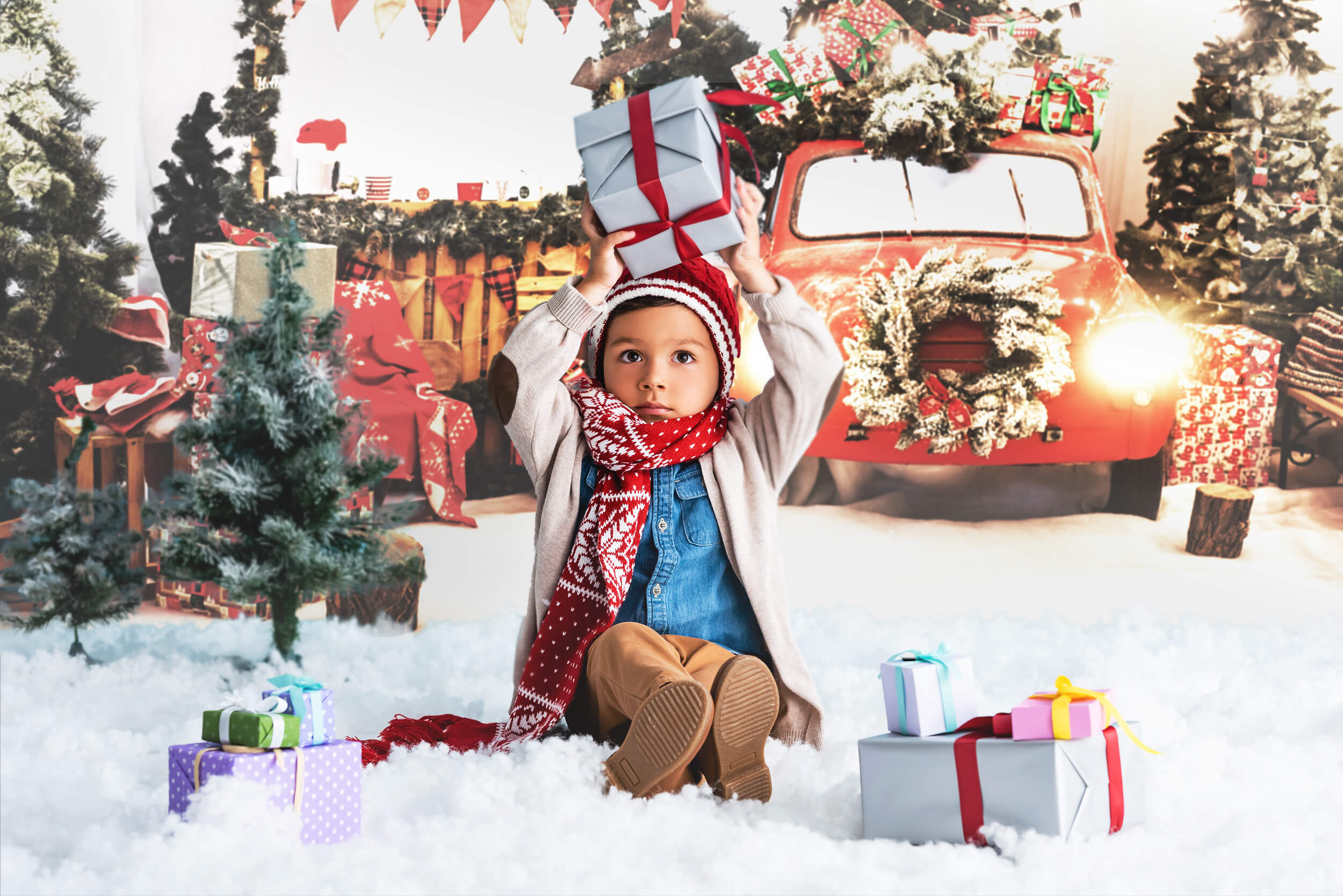 Voiture rouge Décoration de Noël Lumières du Nouvel An Toile de fond photo KAT-181