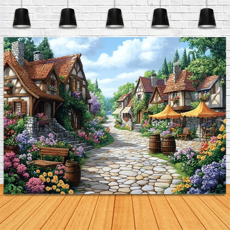 Toile de fond Printemps Sentier de Fleurs Village Cozy LXX1-10
