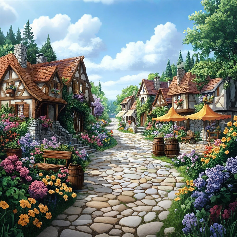 Toile de fond Printemps Sentier de Fleurs Village Cozy LXX1-10