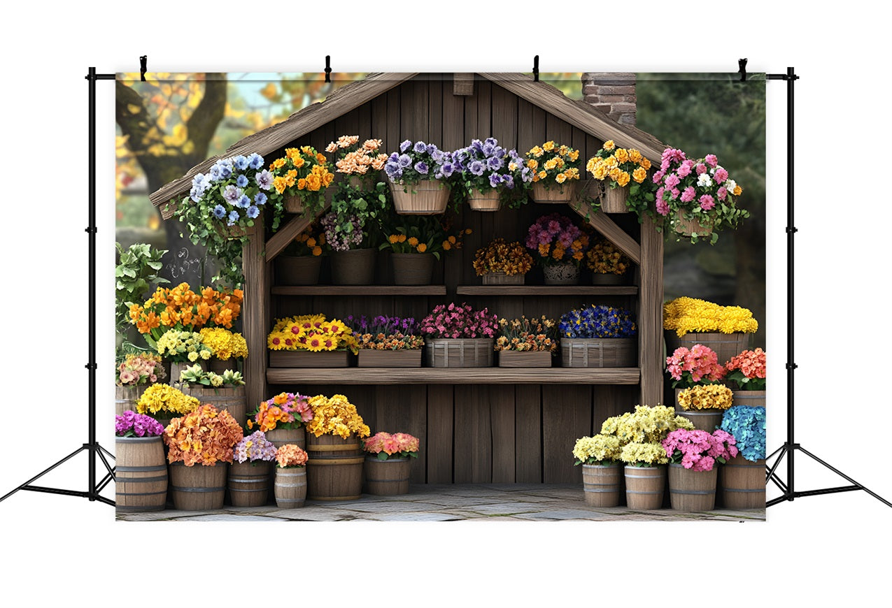 Toile de fond Printemps Stand Marché Fleurs Bois LXX1-138