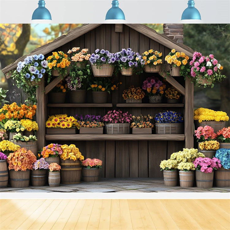 Toile de fond Printemps Stand Marché Fleurs Bois LXX1-138